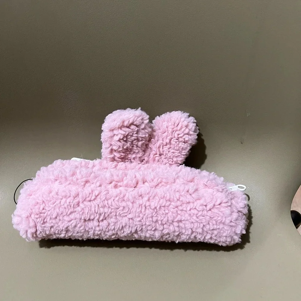 Urlazh bunny rabbit faux fur pink pencil cosmetic makeup case bag clutch